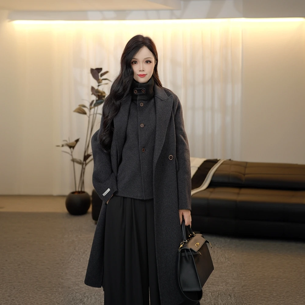 【颜姿】新款双面羊毛大衣女中长款螺纹高领马甲两件套百搭毛呢外套
