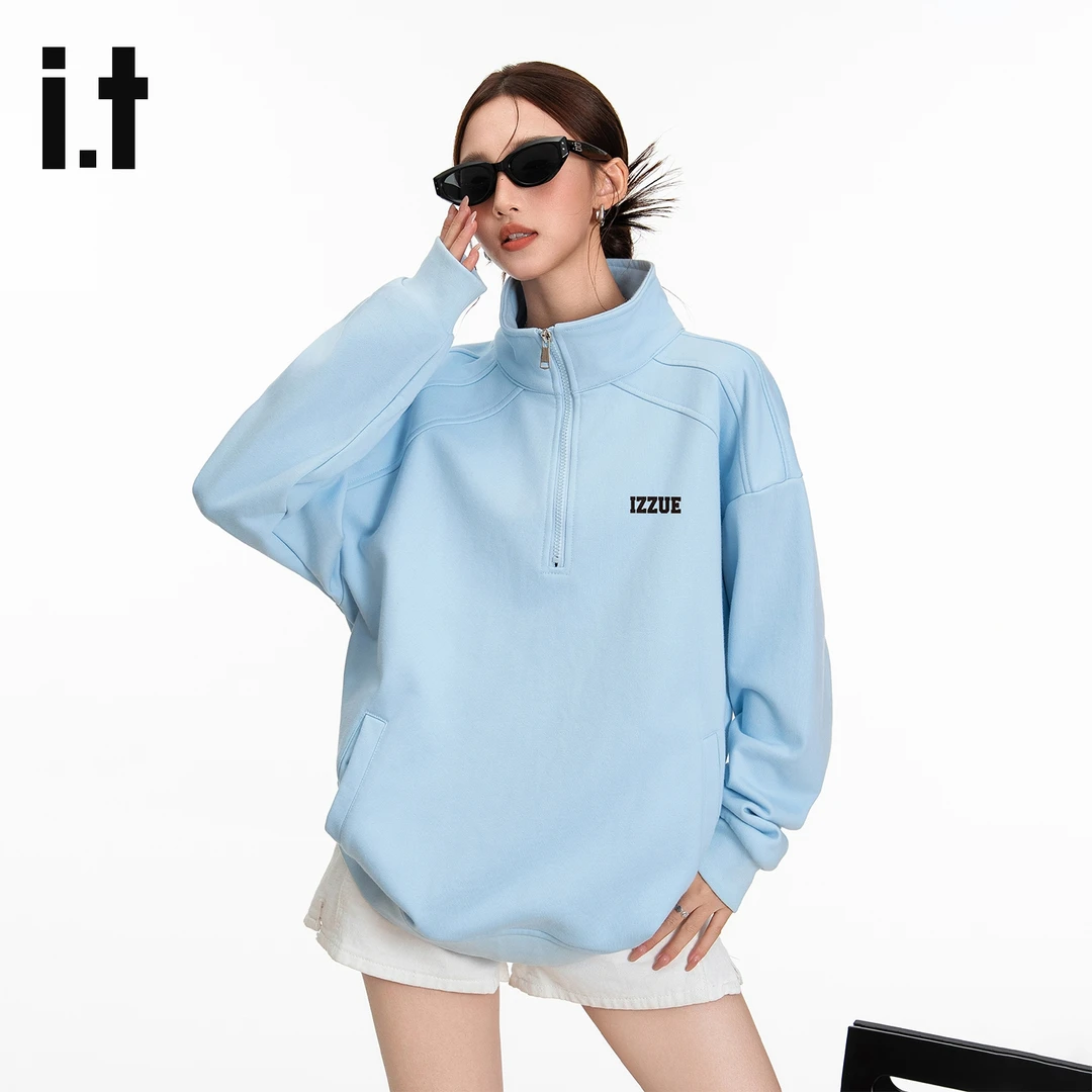 i.t izzue官方时尚圆领卫衣女款春秋季半拉链字母纯色宽松上衣2M