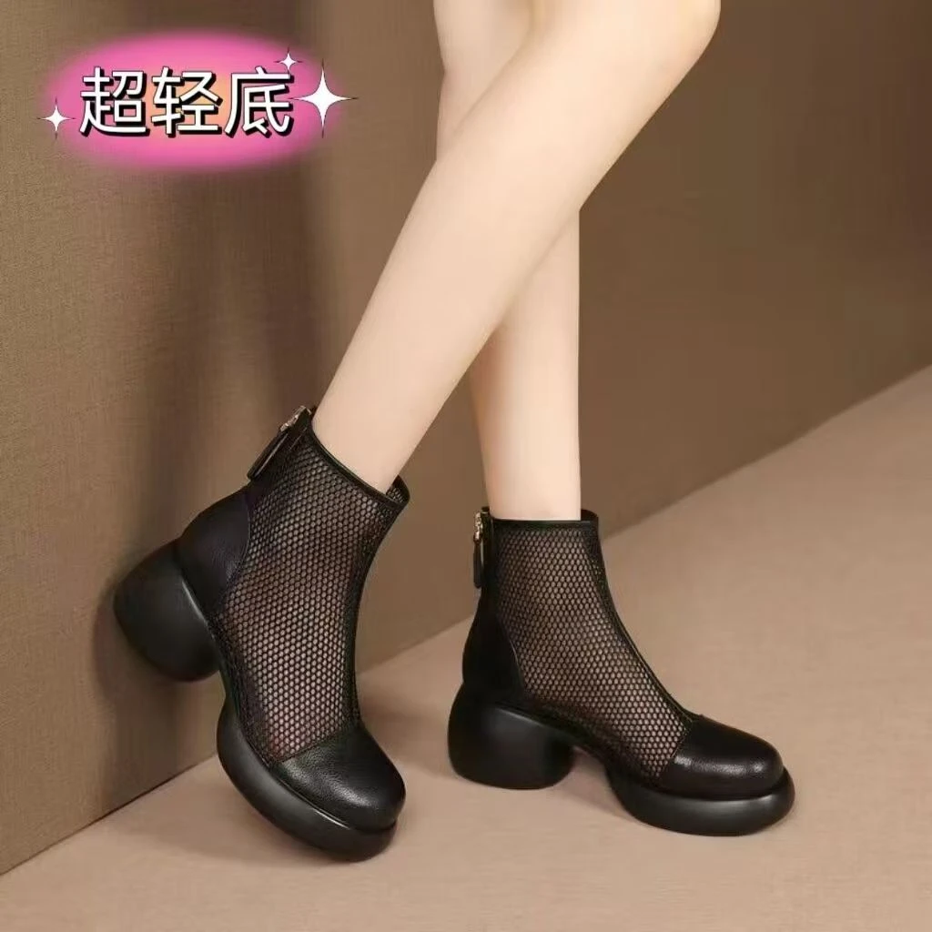 真软皮网纱马丁靴女透气短靴网靴薄款夏季镂空凉靴新款网面A15