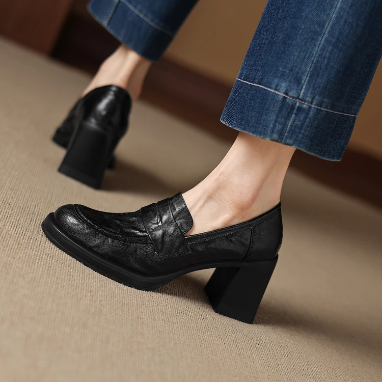 头层羊皮~7cm粗跟一脚蹬懒人乐福鞋气质高跟圆头单鞋女厚底小皮鞋