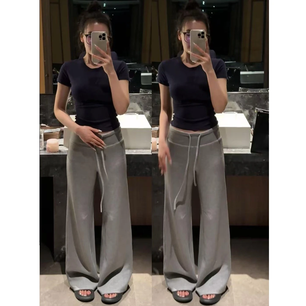 美式灰色运动风抽绳高腰阔腿卫裤女2025春夏新款吹干拖地休闲裤