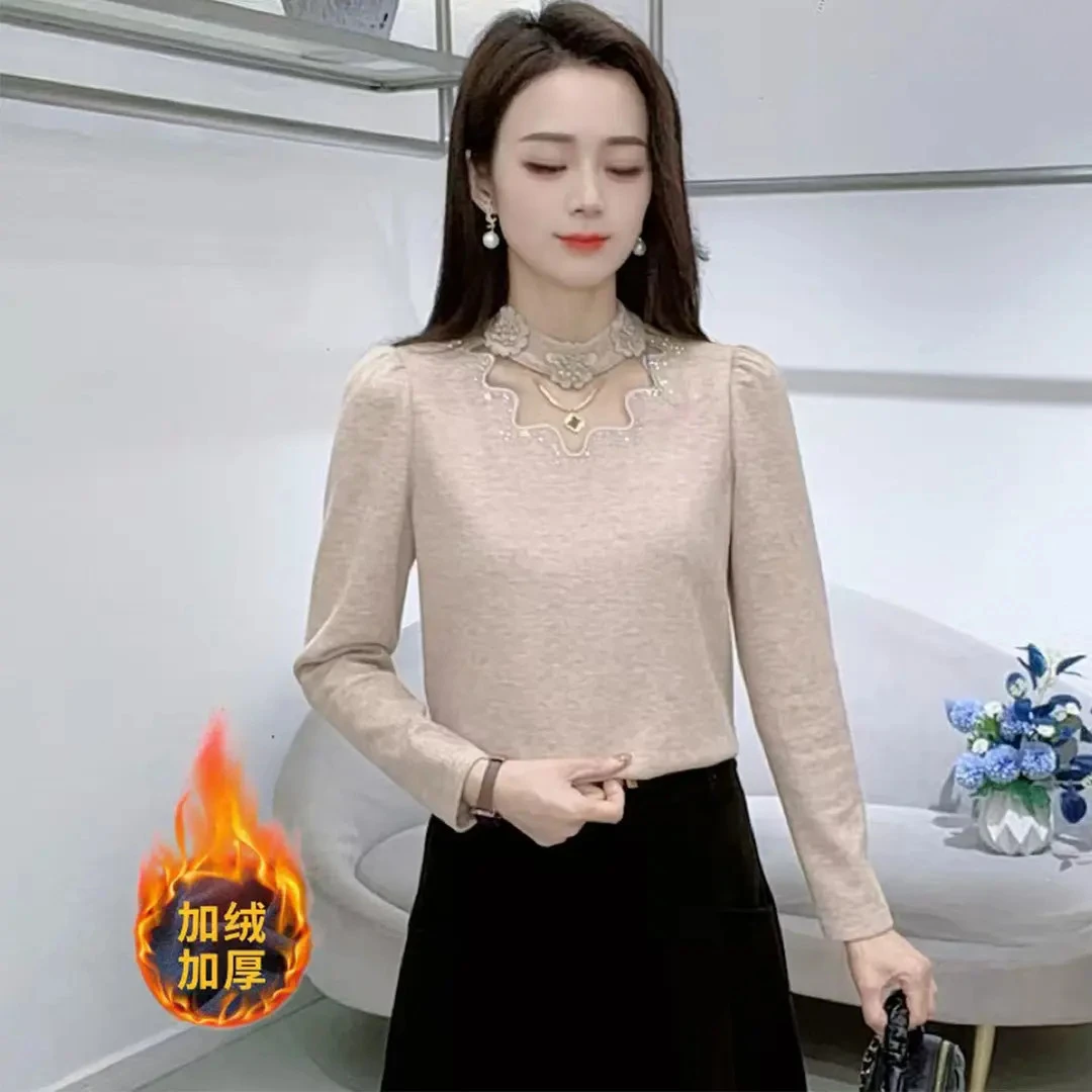蕾丝镂空加厚加绒长袖打底衫女2025年春秋冬季新款洋气内搭上衣潮
