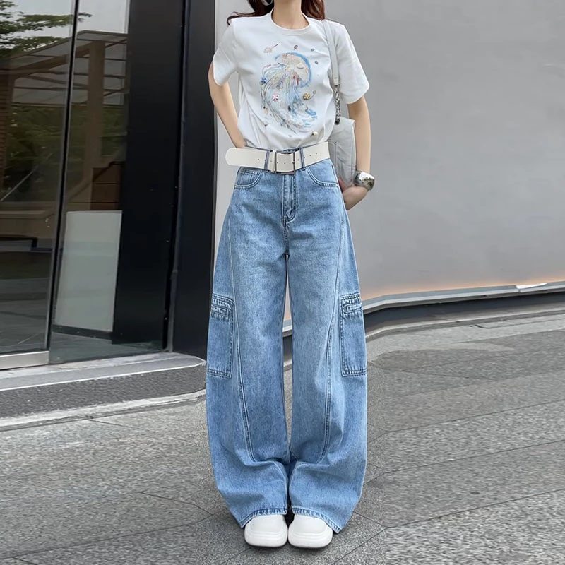 【现货】19200口袋洗水腰带牛仔2025夏新款直筒百搭高腰高街裤女