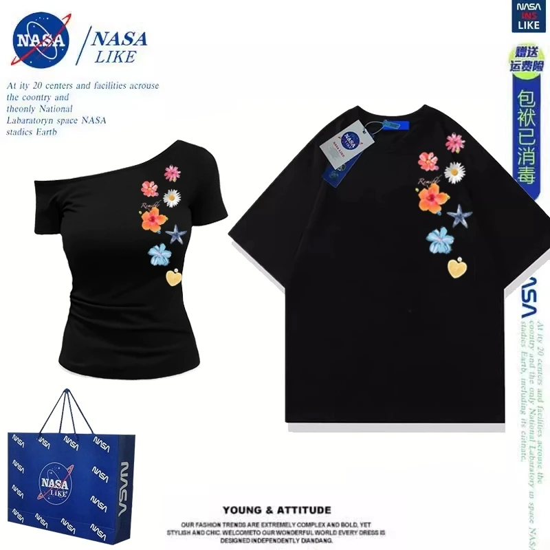 情侣装夏天款一男一女美式复古短袖T恤2025新款辣妹修身褶皱上衣