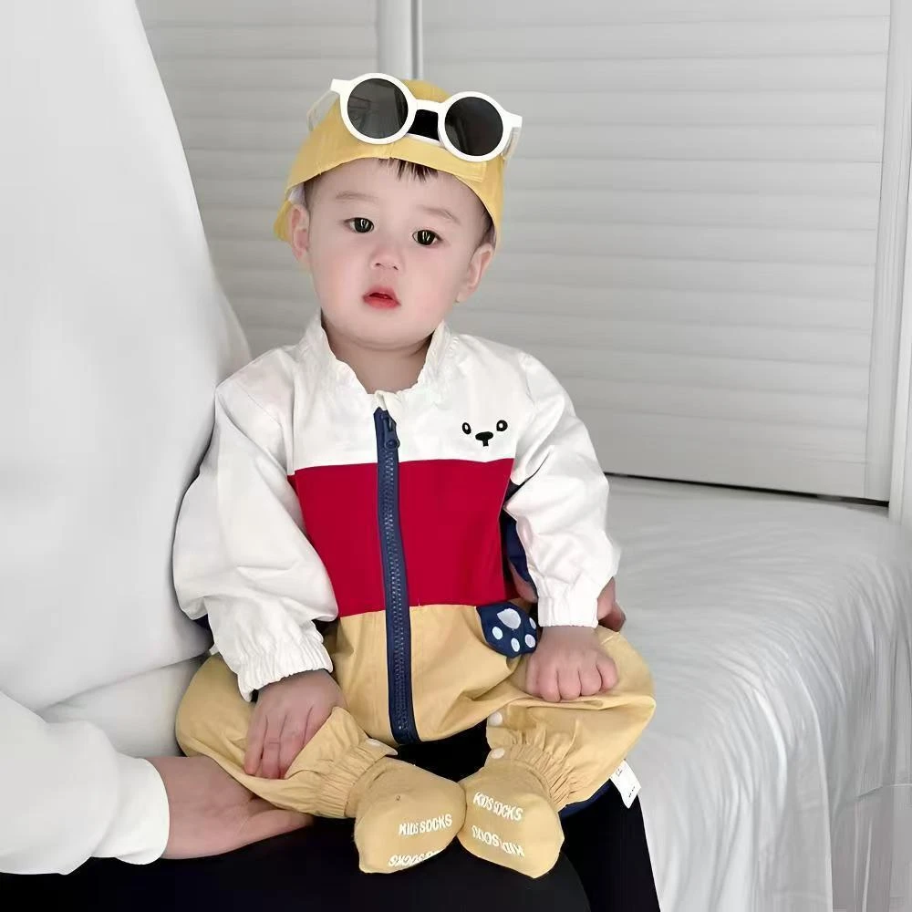 双层长袖男春秋A类极简风爬服哈衣秋季连体婴儿撞色拼色宝宝男童