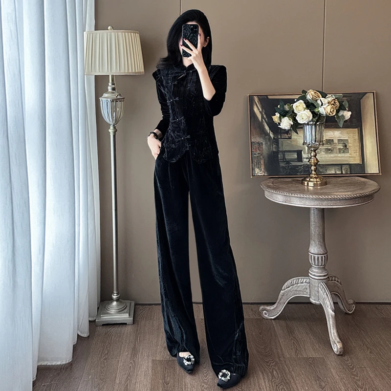 时尚新中式金丝绒套装女春秋季复古气质旗袍上衣阔腿裤显瘦两件套