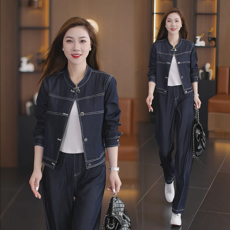 时尚牛仔套装女2025春季新款时髦洋气轻奢气质短外套直筒裤两件套