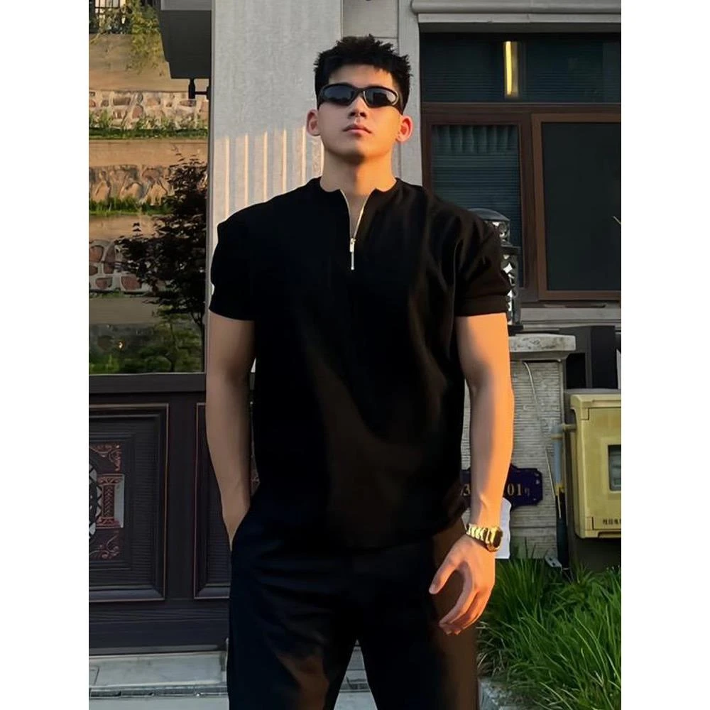 黑色华夫格亨利领t恤衫男款夏季美式潮流短袖显肌肉运动健身半袖