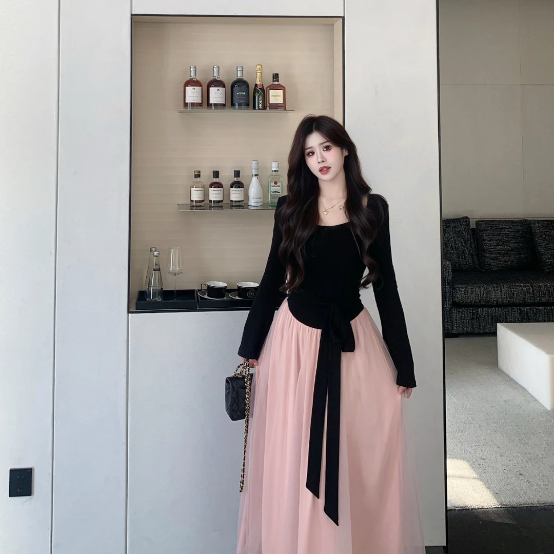 李潇洒【许妍同款】微胖法式芭蕾风纱裙收腰假两件撞色千金感长裙