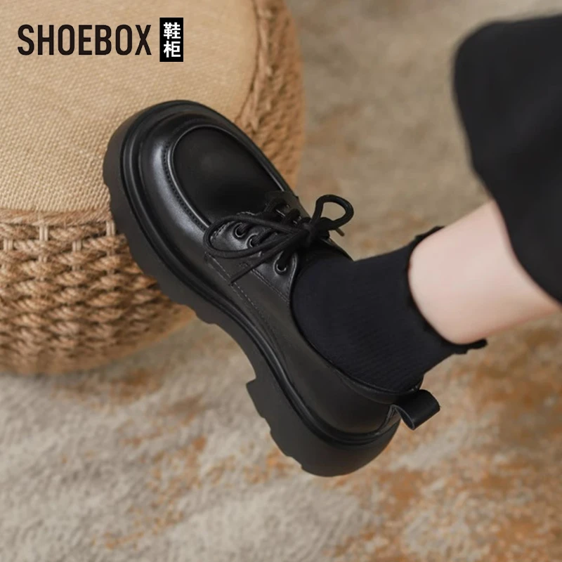 SHOEBOX鞋柜英伦风小皮鞋女2025新款秋季复古厚底黑色乐福鞋子