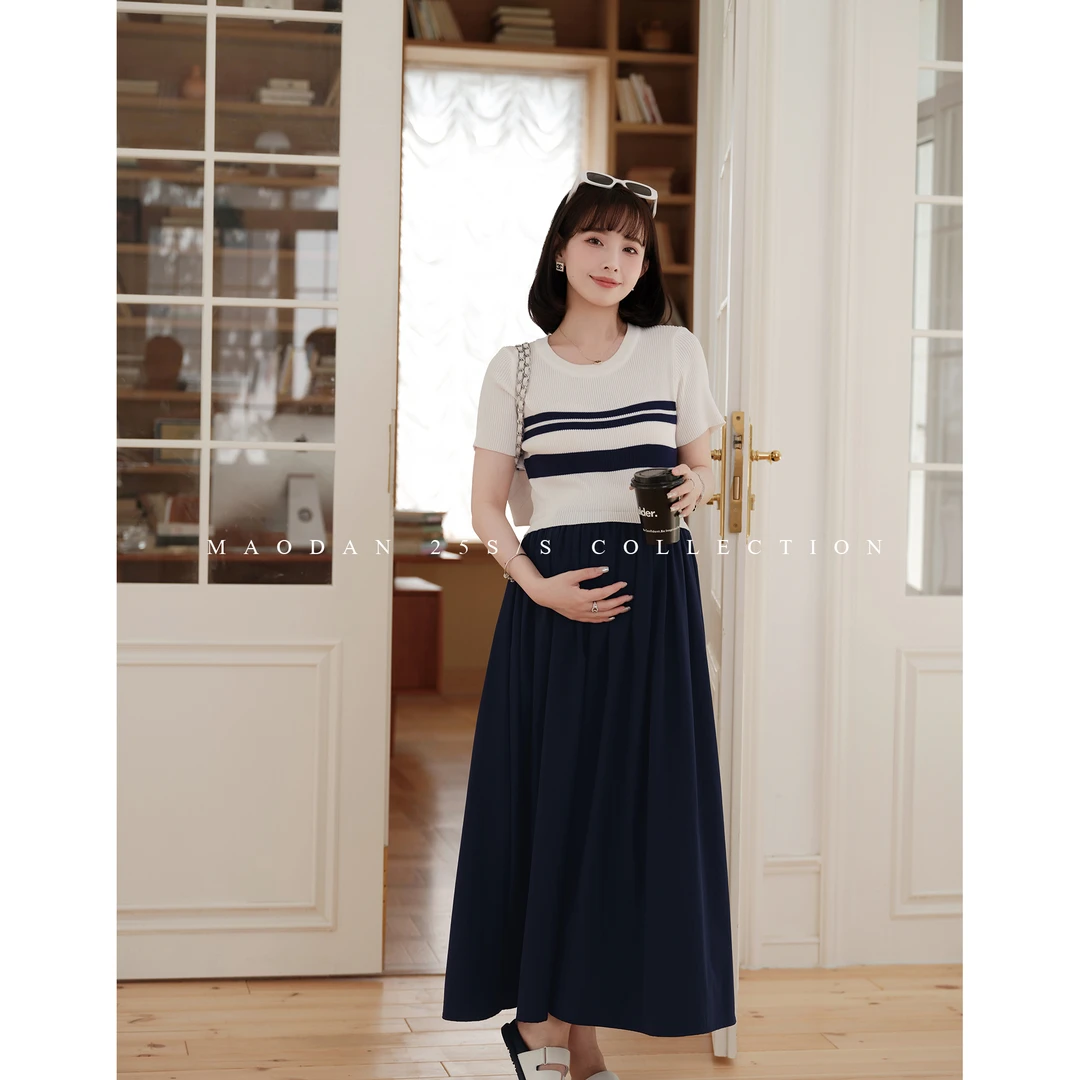 【西西可里】孕妇装夏季简约休闲拼接连衣裙复古长裙A字