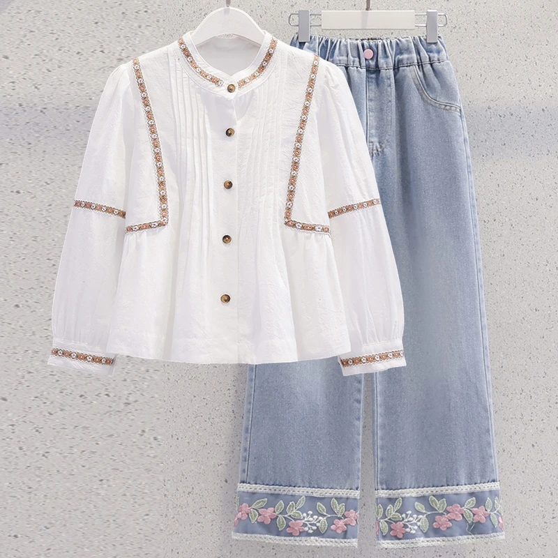 女童国风刺绣套装秋季新款小女孩2025年炸街儿童装衬衫阔腿牛仔裤