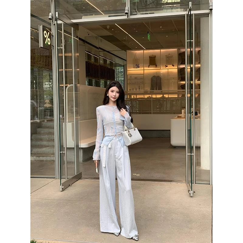 蓝色高腰阔腿休闲裤女气质显瘦长裤子夏季新款