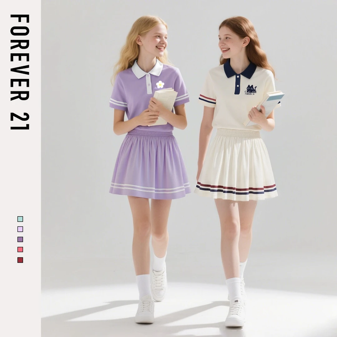 Forever 21女童短袖套装夏季2025新款学院风百褶裙儿童夏装上衣