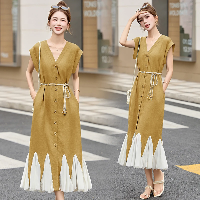 设计感拼接连衣裙女2025年夏季新款高级感休闲百搭显瘦中长款裙子