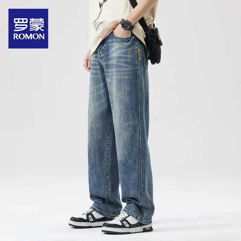 罗蒙2025春夏季新款宽松直筒长裤子男美式高街复古潮流牛仔裤男生