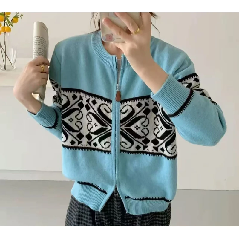 5582韩系高级感复古费尔岛提花拉链毛衣外套女秋冬季宽松百搭针织
