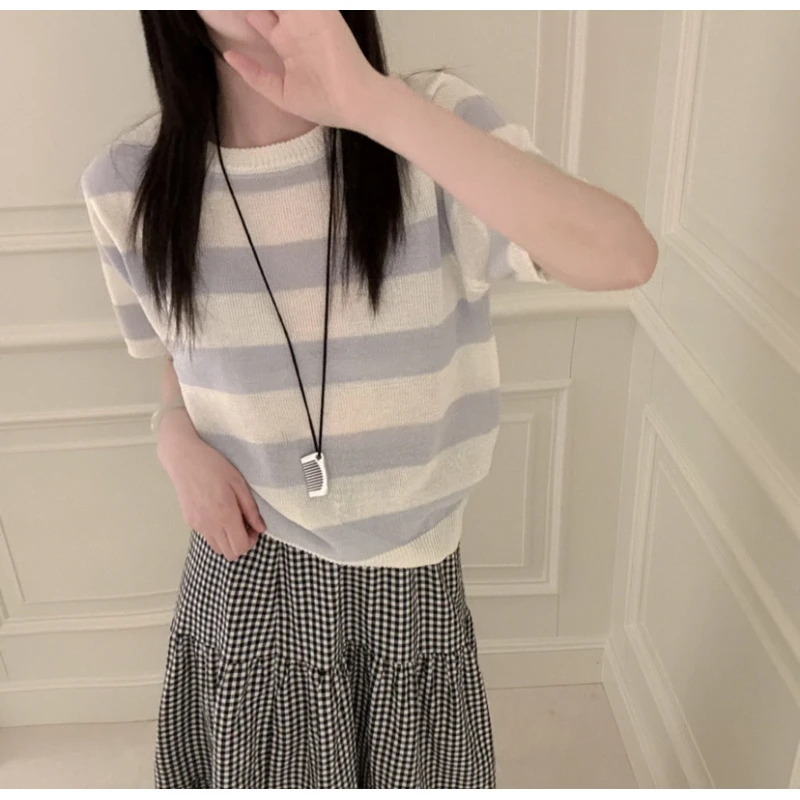 精品/和纸宽条纹/巨好看显瘦冰感透气夏A298蓝