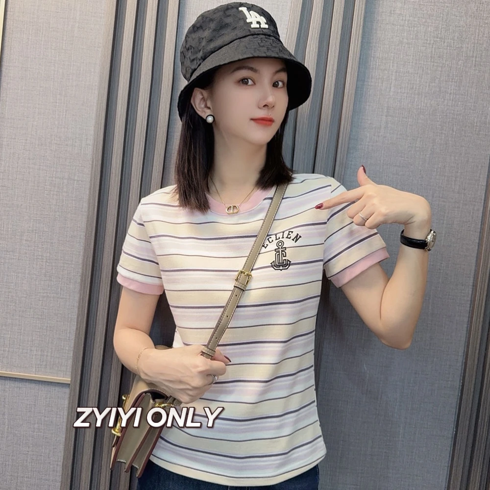 【潮锚象限】2025夏新款短袖T恤修身显瘦条纹休闲百搭上衣女