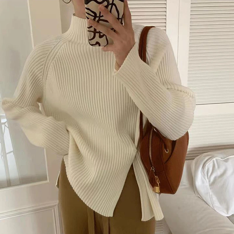 女士2025秋季半高领开叉针织打底毛衣内搭时尚感气质显瘦潮流设计