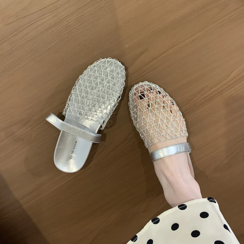 小众编织镂空网纱凉拖女鞋子2025年新款夏季时尚平底透气包头凉鞋