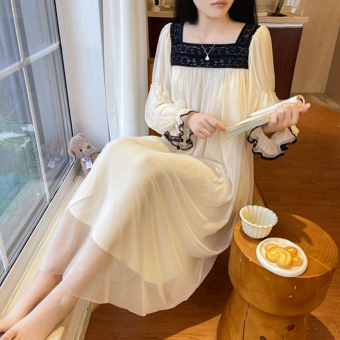 睡裙女2025年春秋季新款方领网纱莫代尔公主风法式宫廷睡衣家居服