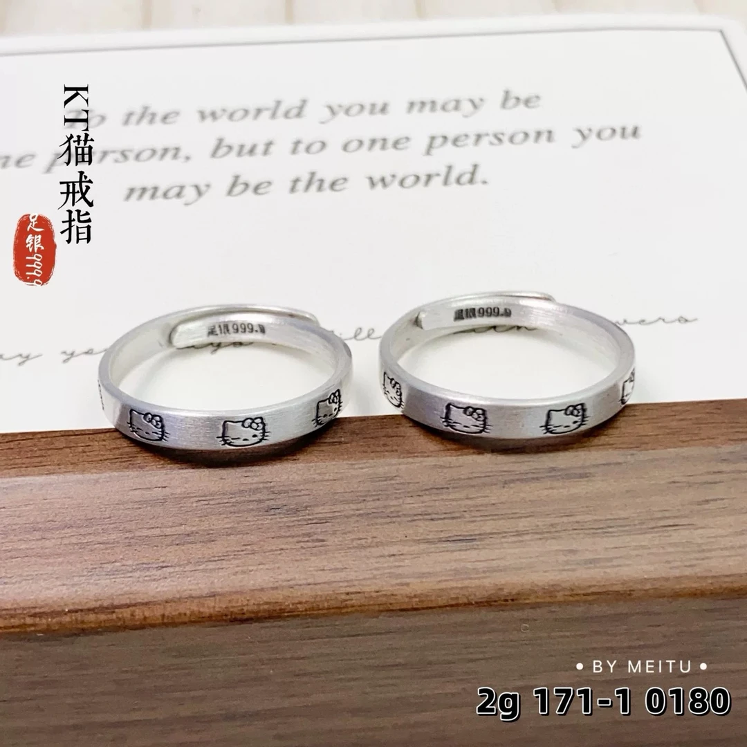 足银戒指 足银999.9复古猫咪戒指可爱百搭实心活口纯银小众