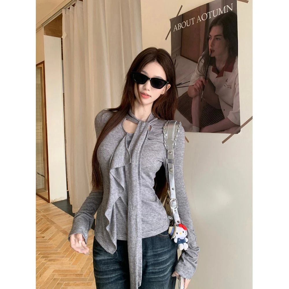 春秋时尚修身不规则长袖T恤韩版大码女装设计感ins气质辣妹打底衫