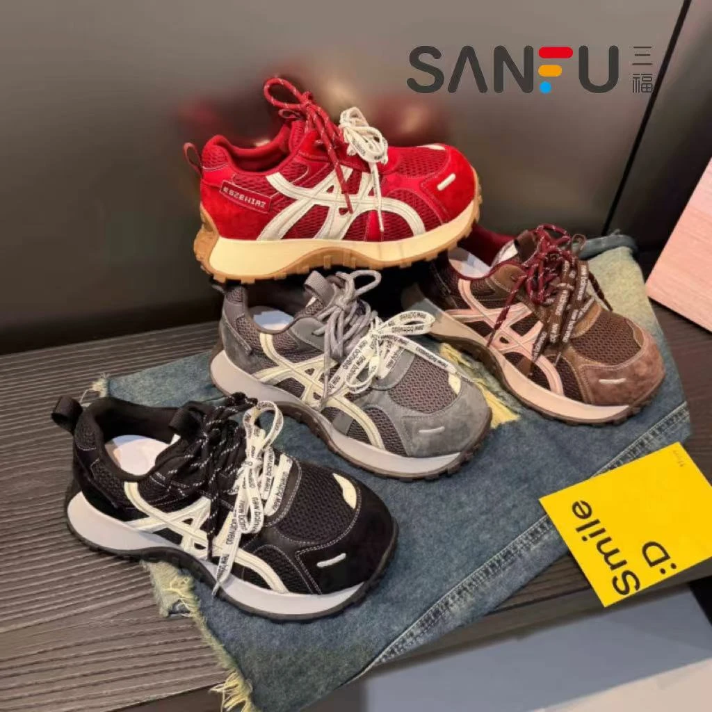 三福2025新款磨砂拼色系带厚底松糕小蛮腰运动鞋老爹鞋休闲鞋女鞋