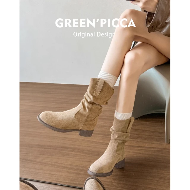 UGG MY.DG粗跟中筒堆堆靴女2025新款秋季英伦风短靴美拉德西部牛