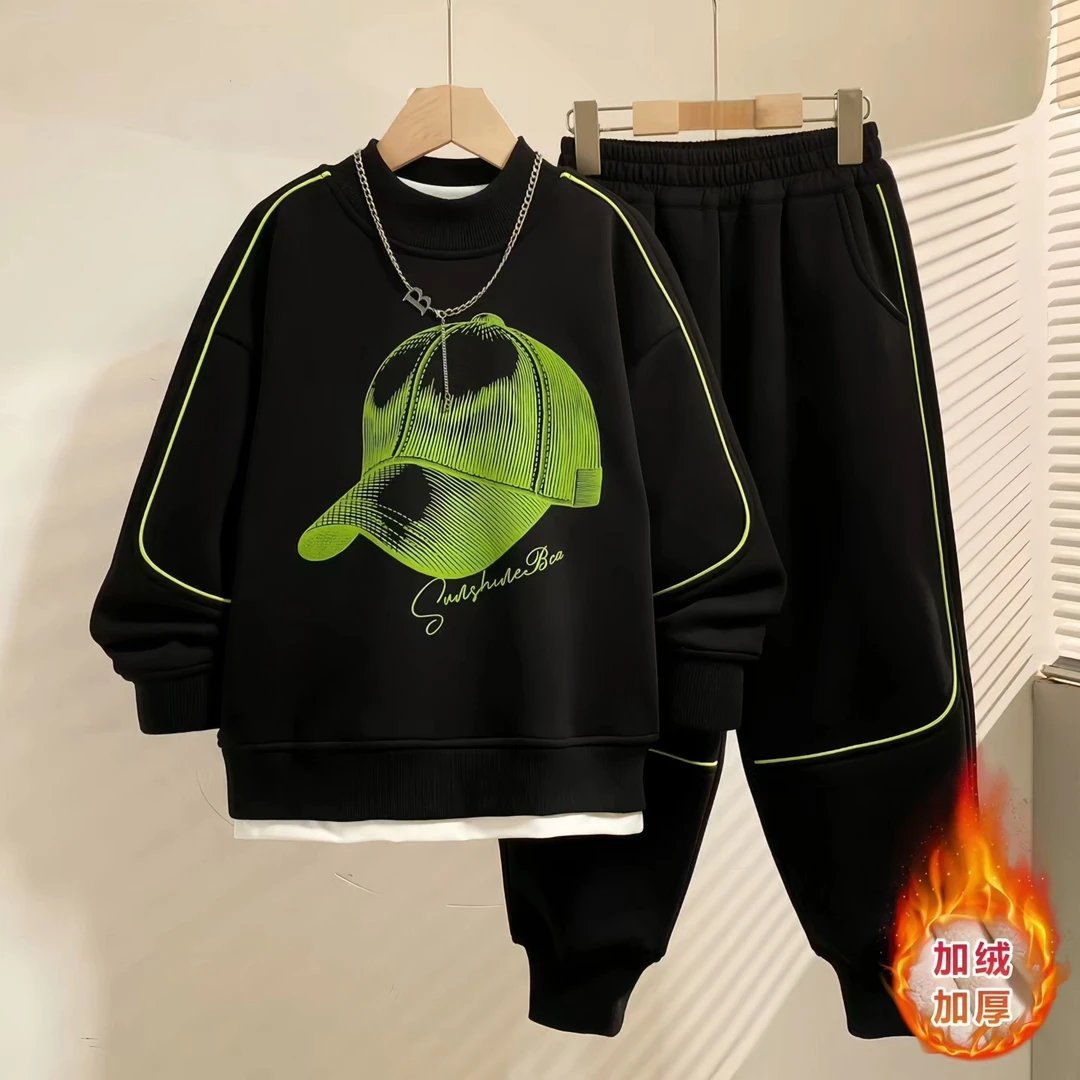 男童冬装长袖加绒卫衣套装新款中大童男孩潮款网红炸街保暖儿童装