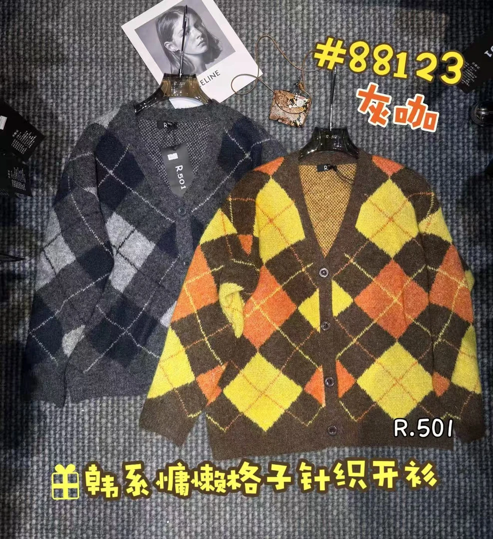 W-韩系慵懒舒适格子撞色针织开衫宽松#89248『乐桃家』