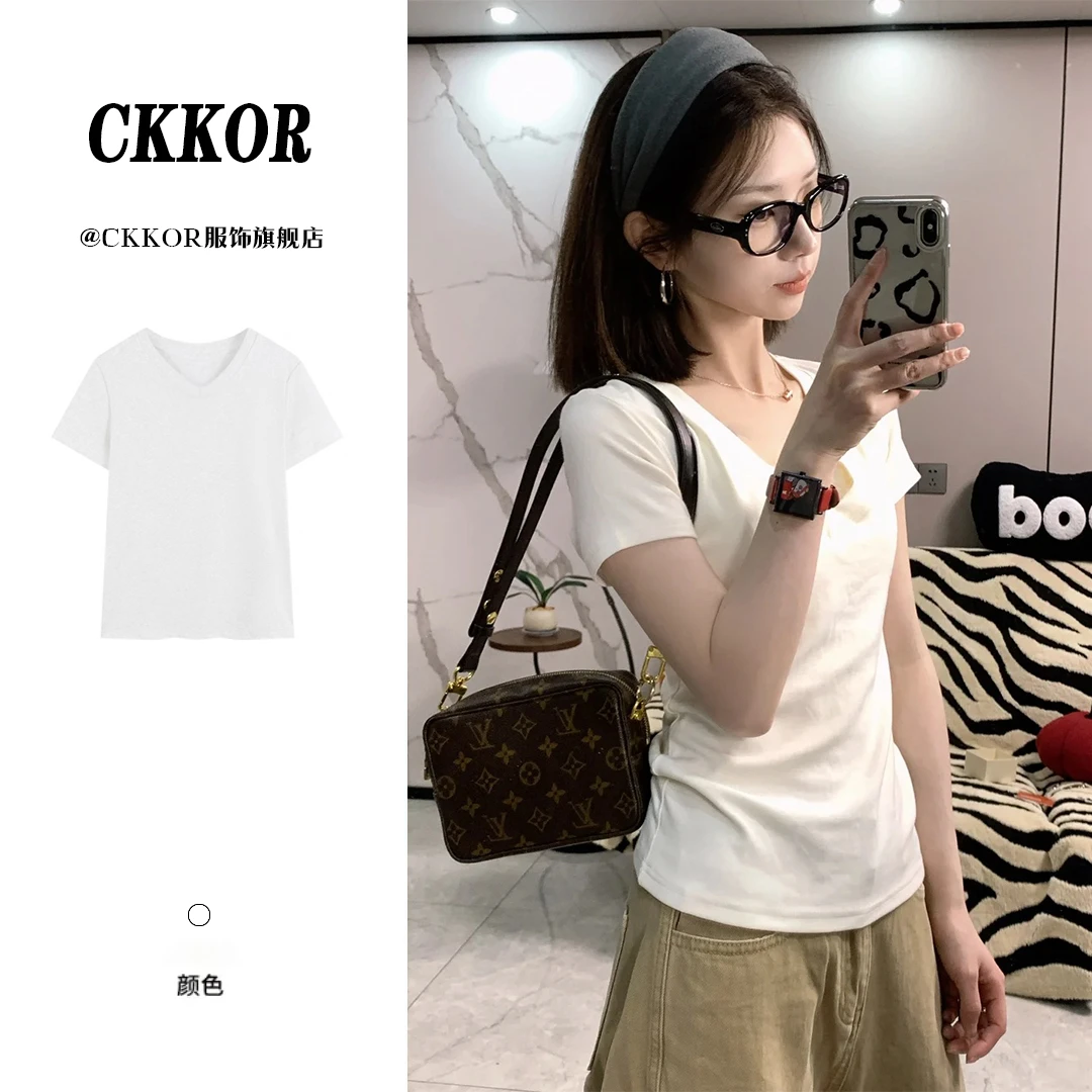 CKKOR夏季新款韩版穿搭V领短袖女t恤正肩修身显瘦高级感洋气上衣