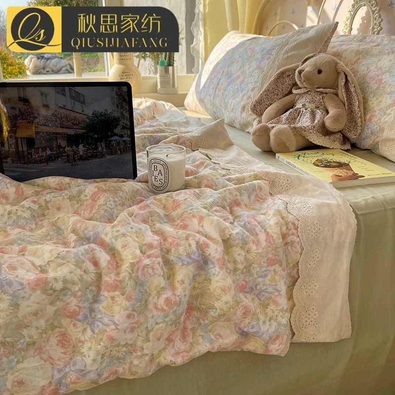 纯棉全棉双层纱四件套床单被套A类床上用品被罩套镂空花边三件套