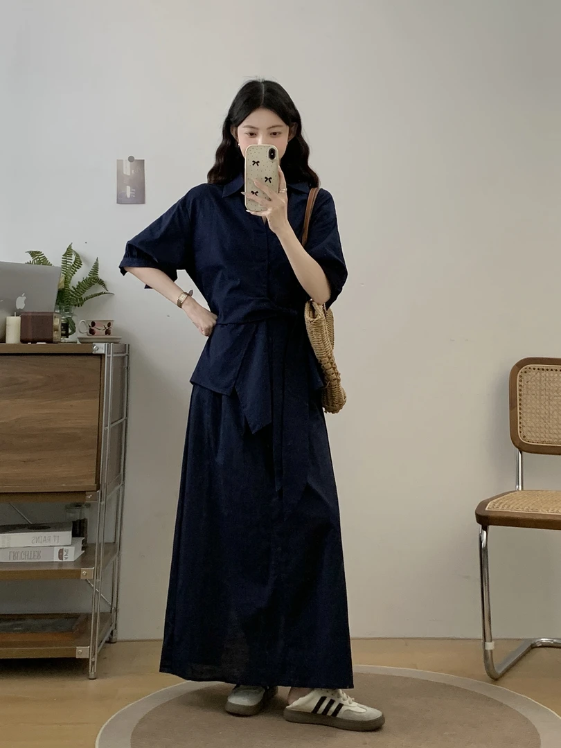 大码夏季时尚法式松弛感气质腰系带衬衫+高腰显瘦遮肉半身裙套装