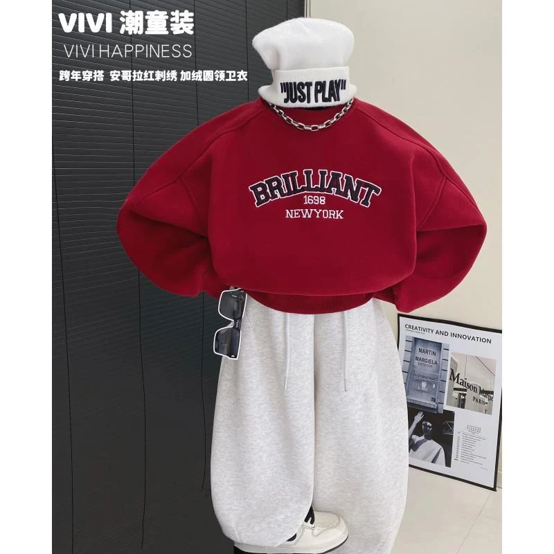 VIVI童装1【跨年快乐】冬款亲子装中大童安哥拉红刺绣加绒圆领卫衣