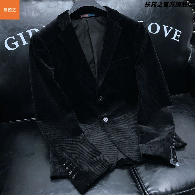 2025秋冬季厚款灯芯绒休闲西服男士韩版修身潮流复古痞帅西装外套