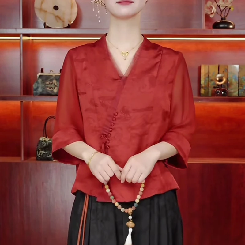 中式提花衬衫女春夏新款V领轻薄上衣显瘦百搭J气质妈妈装中袖小衫