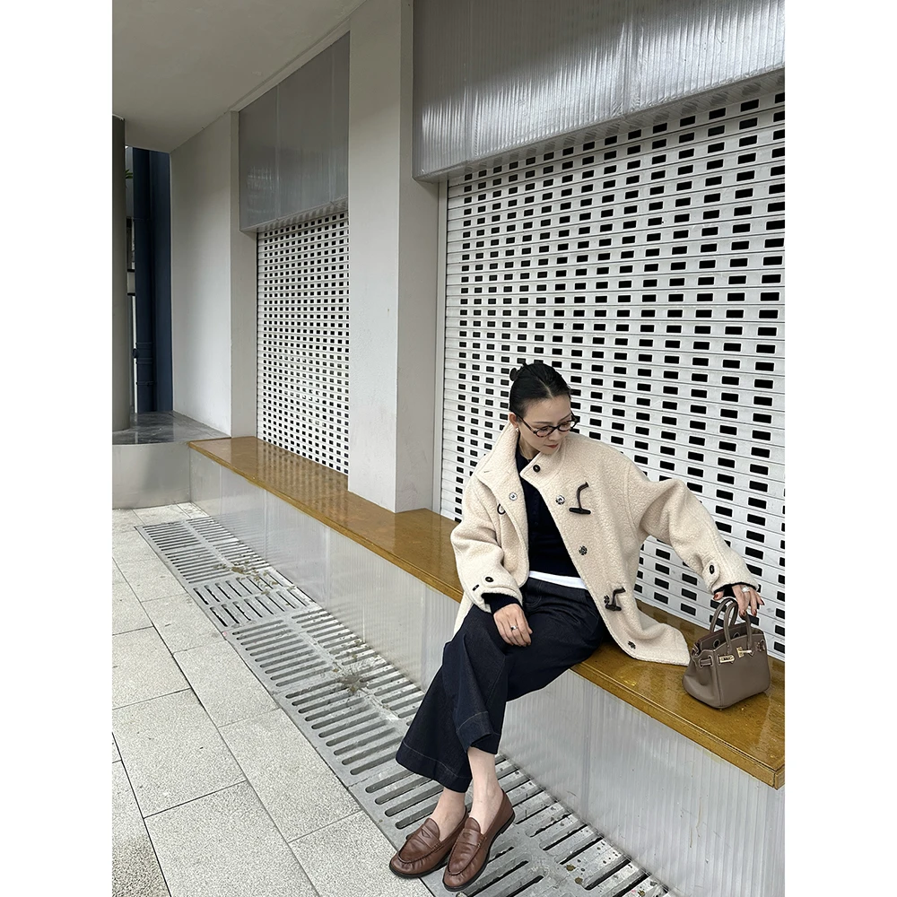 SHIIEELL【柔雾】浅驼圈圈呢落肩H型羊驼绵羊毛混纺一手长大衣Z1670