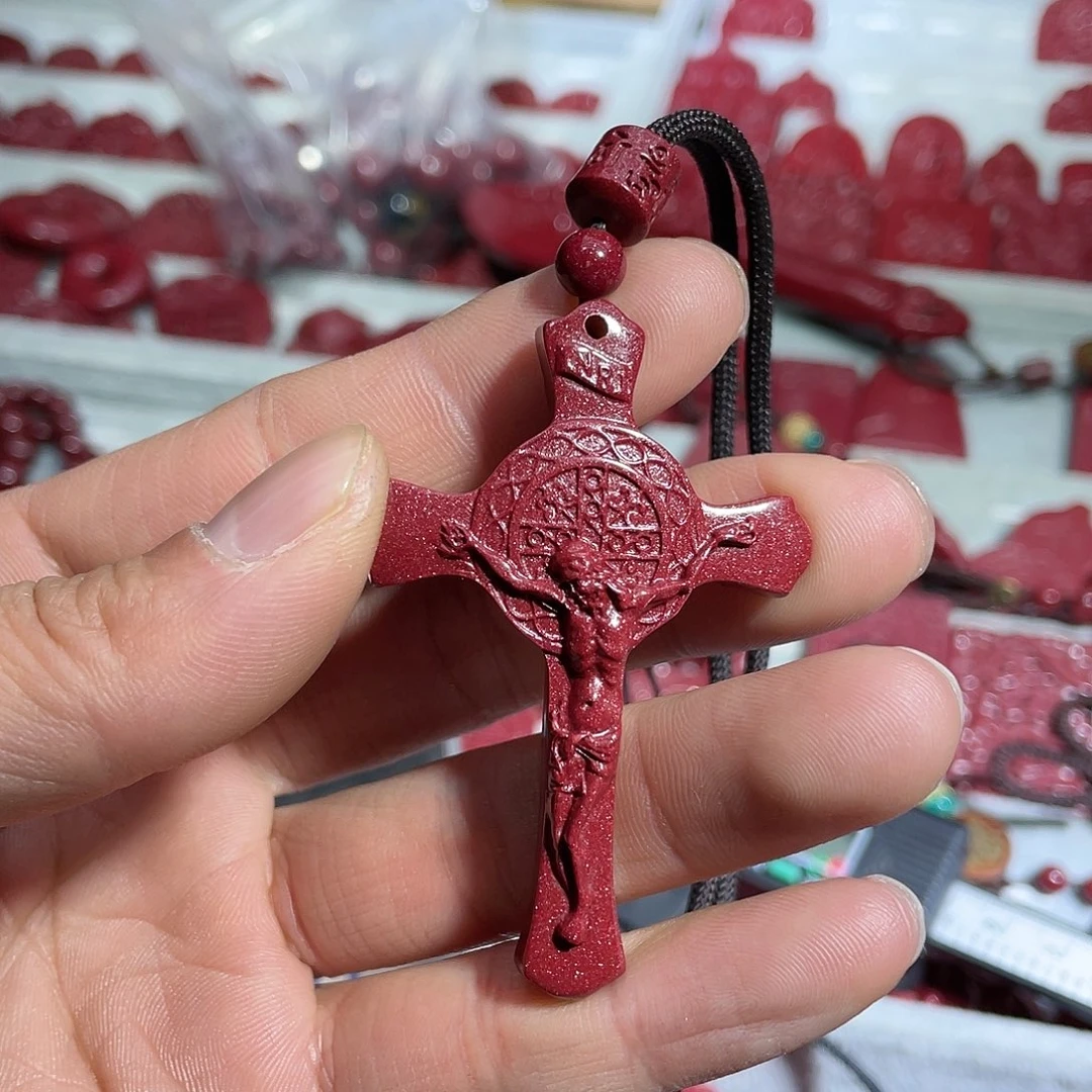 天然辰砂紫金砂十字架吊坠