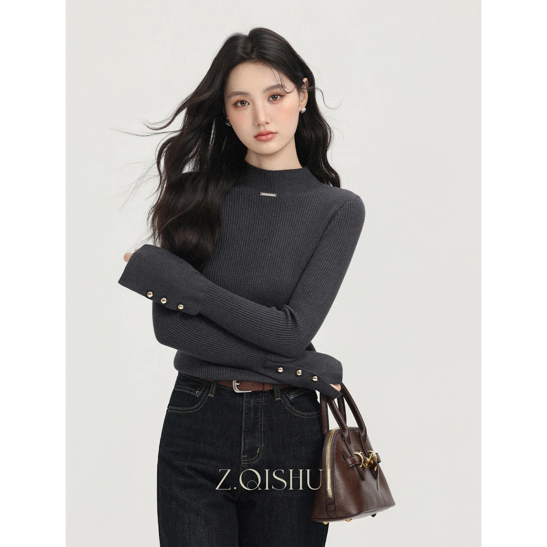 张汽水秋冬灰色半高领针织衫女单穿好看漂亮打底内搭上衣Z18317-1