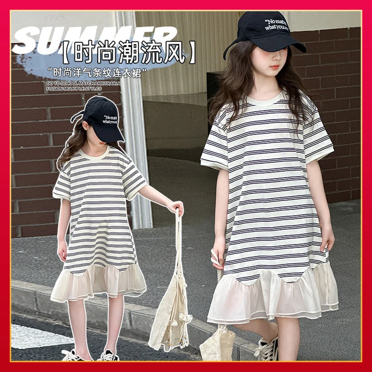 2025新款夏季条纹连衣裙女童时尚洋气百搭裙子中大童休闲夏装潮款
