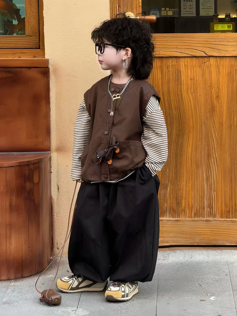 男童2025秋季新款套装男女宝宝韩版马甲洋气宝宝时尚阔腿裤三件套