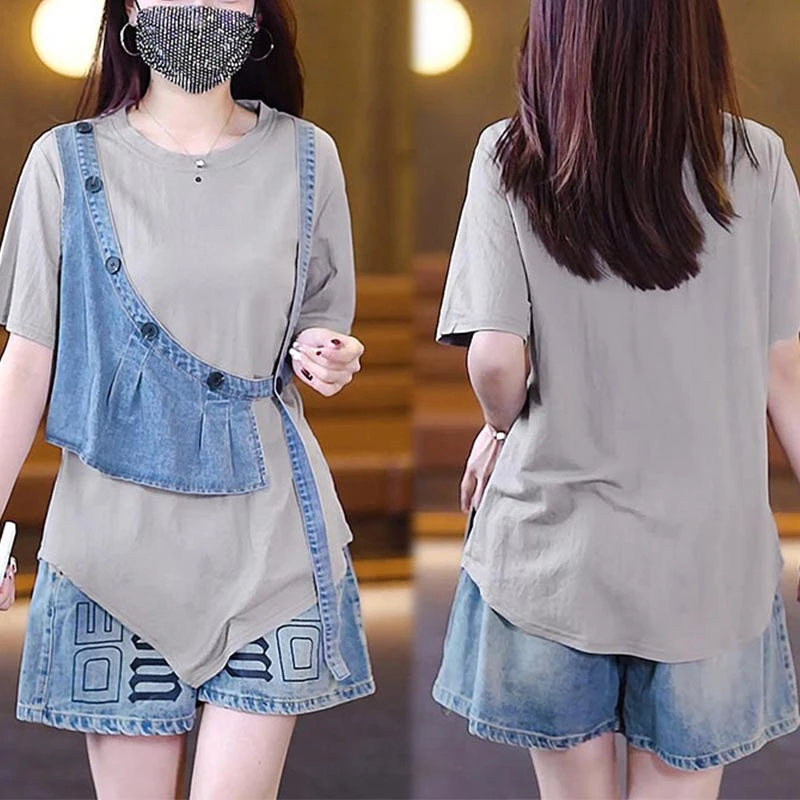 2025年夏季短袖牛仔裤短裤时尚套装不规则设计感新款T恤小众女装
