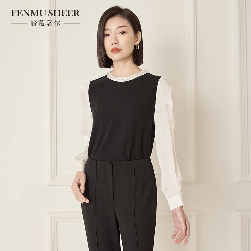 【粉丝专享】粉慕奢尔『温柔时光』醋酸撞色流光袖钉珠圆领衬衣-G1711