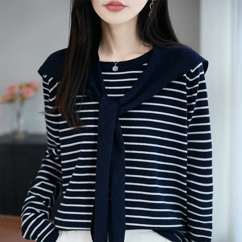 品牌2025秋季新款洋气独特别致披肩条纹针织衫时尚百搭减龄上衣女