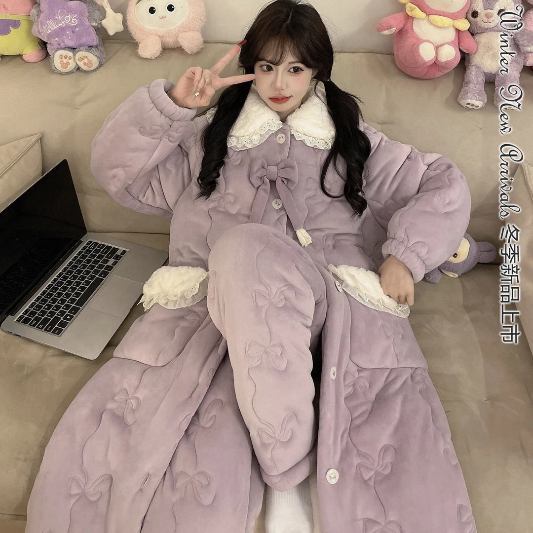 【H8779长袍紫色冬季新款特厚睡衣】女士三层加厚加绒夹棉睡衣套装