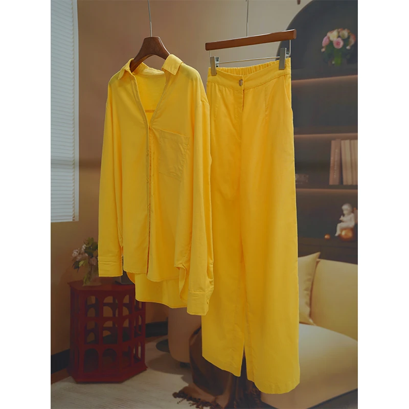 艺术落日黄高级感衬衫套装女装45%亚麻55%棉麻阔腿裤两件套A75788