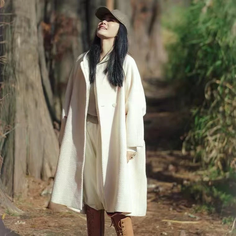 温婉大衣木白大衣中长款保暖冬季毛呢外套王璇原创设计