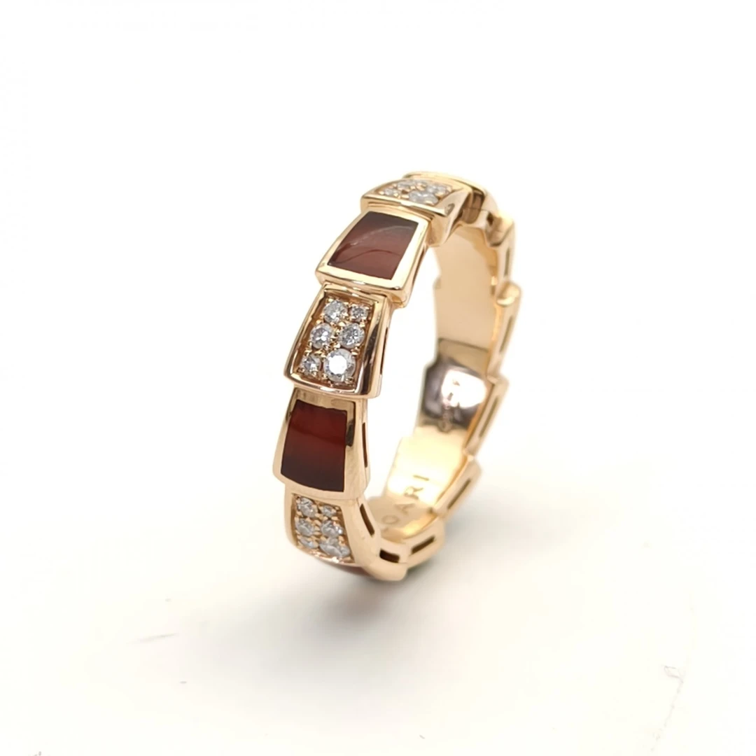 99新 BVLGARI/宝格丽 小花6欢 红 玫瑰金 灵蛇戒指间钻 双排钻 59